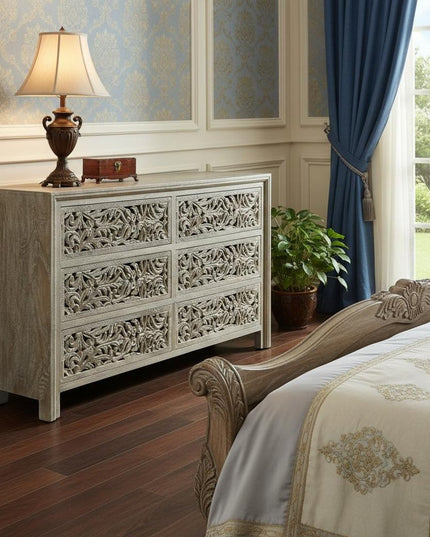 57" Gray Carved Scrollwork Solid Wood Six Drawer Dresser