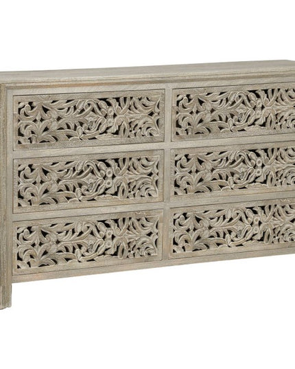 57" Gray Carved Scrollwork Solid Wood Six Drawer Dresser