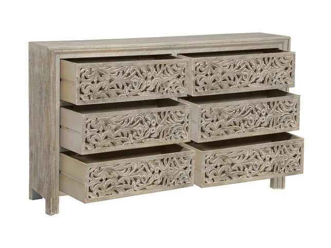 57" Gray Carved Scrollwork Solid Wood Six Drawer Dresser