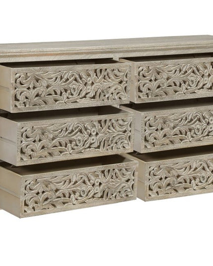 57" Gray Carved Scrollwork Solid Wood Six Drawer Dresser