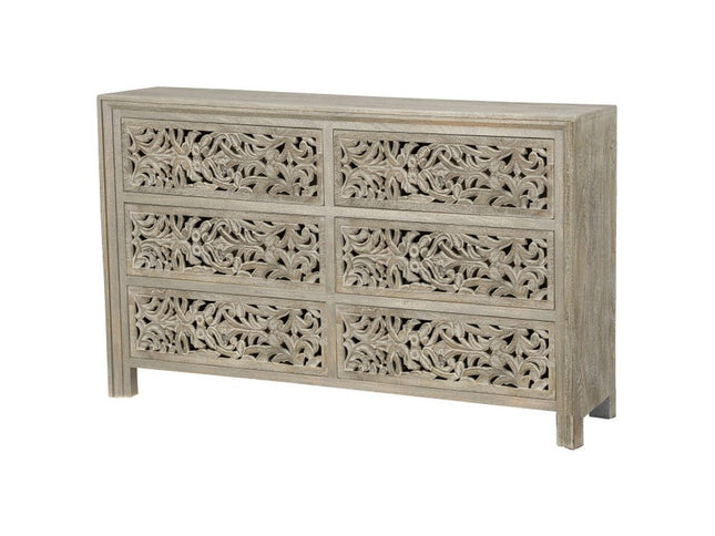 57" Gray Carved Scrollwork Solid Wood Six Drawer Dresser