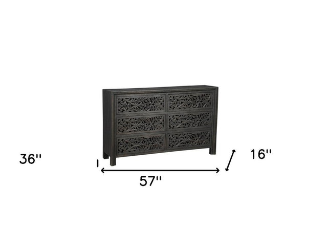 57" Black Carved Scrollwork Solid Wood Six Drawer Dresser