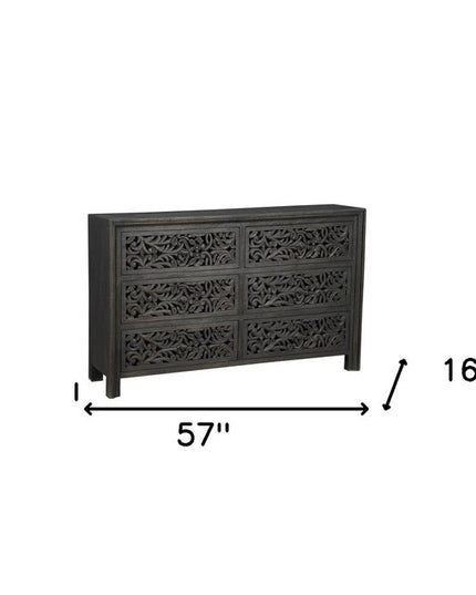 57" Black Carved Scrollwork Solid Wood Six Drawer Dresser