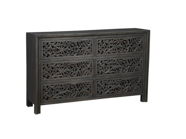 57" Black Carved Scrollwork Solid Wood Six Drawer Dresser