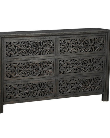57" Black Carved Scrollwork Solid Wood Six Drawer Dresser