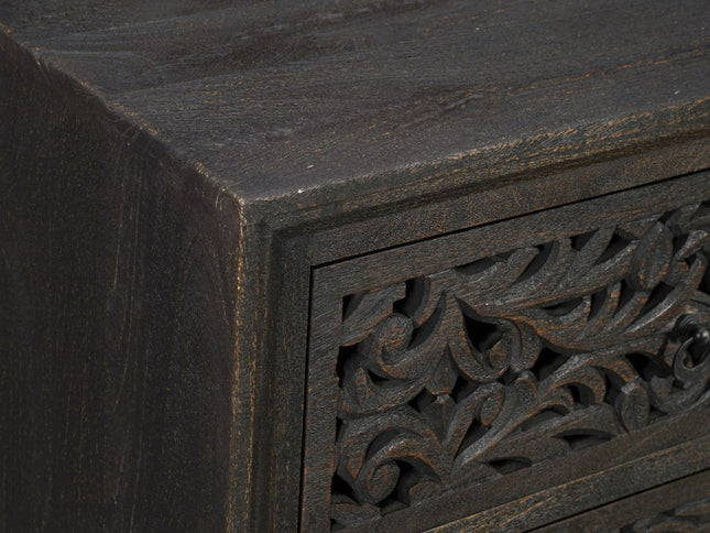 57" Black Carved Scrollwork Solid Wood Six Drawer Dresser