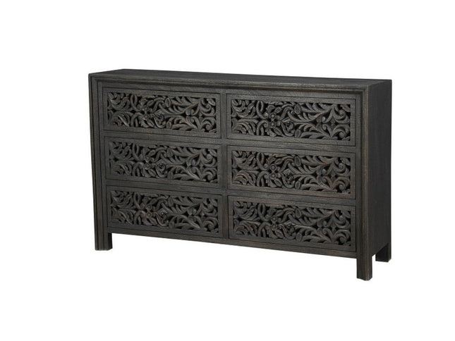 57" Black Carved Scrollwork Solid Wood Six Drawer Dresser