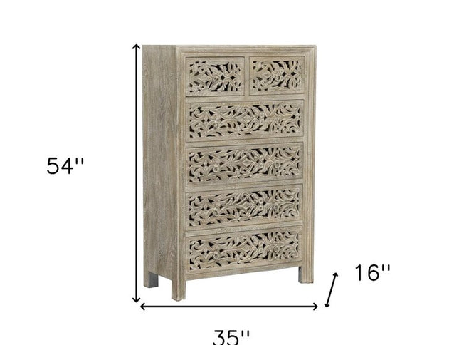 35" Gray Carved Floral Solid Wood Six Drawer Dresser