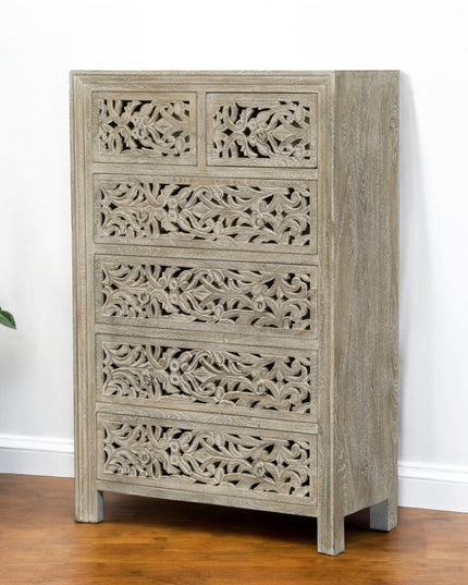 35" Gray Carved Floral Solid Wood Six Drawer Dresser