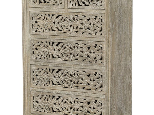 35" Gray Carved Floral Solid Wood Six Drawer Dresser