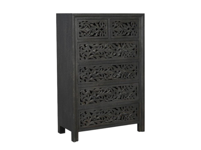 35" Black Carved Floral Solid Wood Six Drawer Dresser