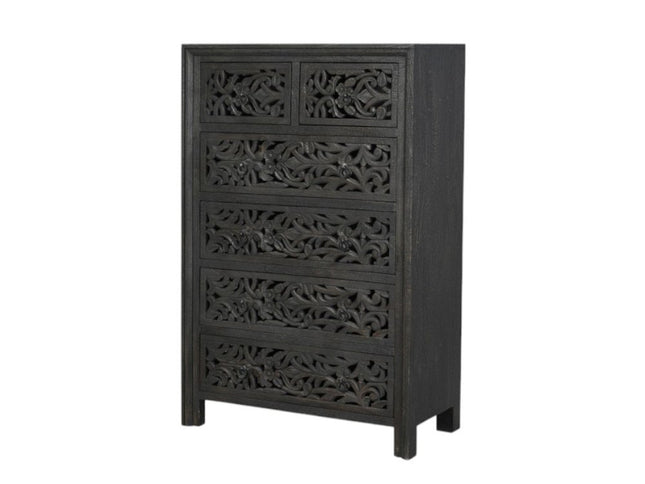 35" Black Carved Floral Solid Wood Six Drawer Dresser