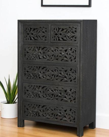 35" Black Carved Floral Solid Wood Six Drawer Dresser