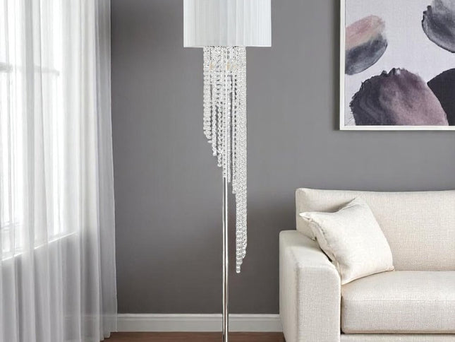 66" Clear And Silver Crystal And Metal Floor Lamp With White Linen Drum Shade