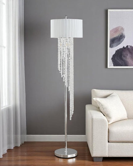 66" Clear And Silver Crystal And Metal Floor Lamp With White Linen Drum Shade