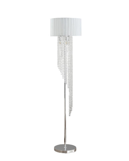 66" Clear And Silver Crystal And Metal Floor Lamp With White Linen Drum Shade