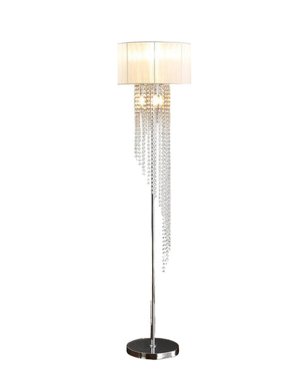 66" Clear And Silver Crystal And Metal Floor Lamp With White Linen Drum Shade