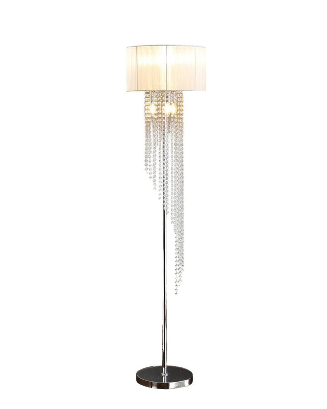 66" Clear And Silver Crystal And Metal Floor Lamp With White Linen Drum Shade