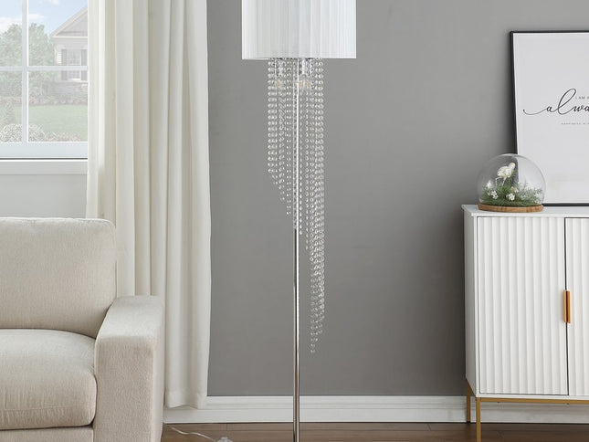 66" Clear And Silver Crystal And Metal Floor Lamp With White Linen Drum Shade