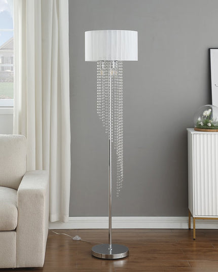 66" Clear And Silver Crystal And Metal Floor Lamp With White Linen Drum Shade