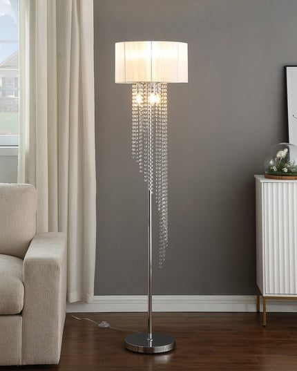 66" Clear And Silver Crystal And Metal Floor Lamp With White Linen Drum Shade