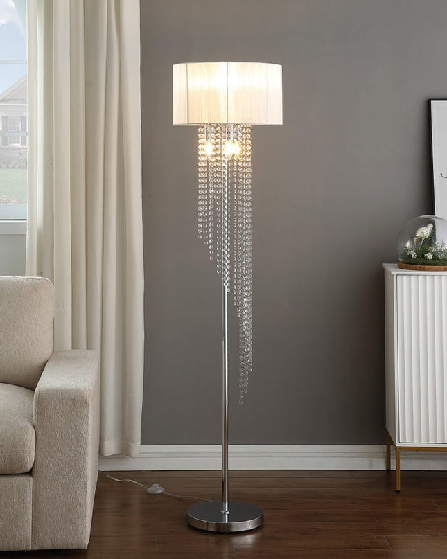 66" Clear And Silver Crystal And Metal Floor Lamp With White Linen Drum Shade