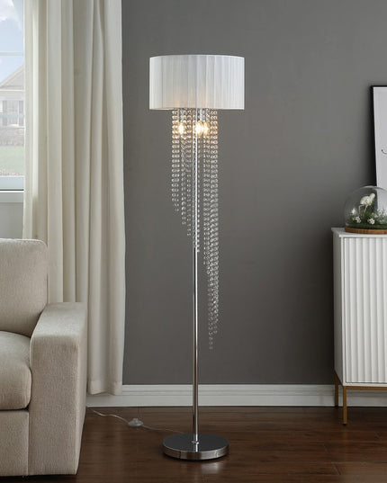 66" Clear And Silver Crystal And Metal Floor Lamp With White Linen Drum Shade