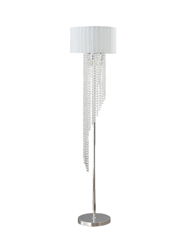 66" Clear And Silver Crystal And Metal Floor Lamp With White Linen Drum Shade