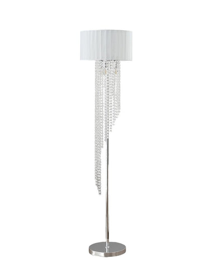 66" Clear And Silver Crystal And Metal Floor Lamp With White Linen Drum Shade