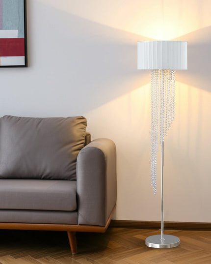 66" Clear And Silver Crystal And Metal Floor Lamp With White Linen Drum Shade
