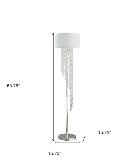66" Clear And Silver Crystal And Metal Floor Lamp With White Linen Drum Shade
