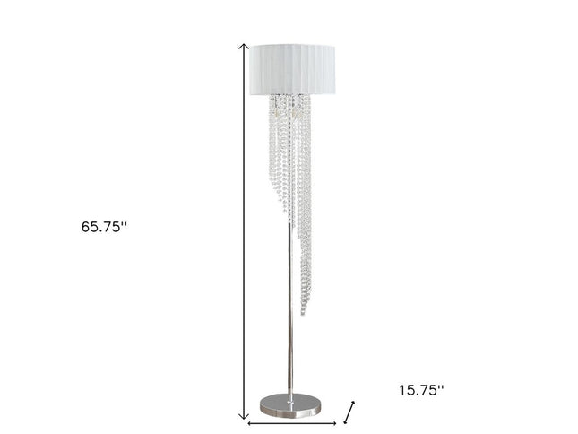 66" Clear And Silver Crystal And Metal Floor Lamp With White Linen Drum Shade