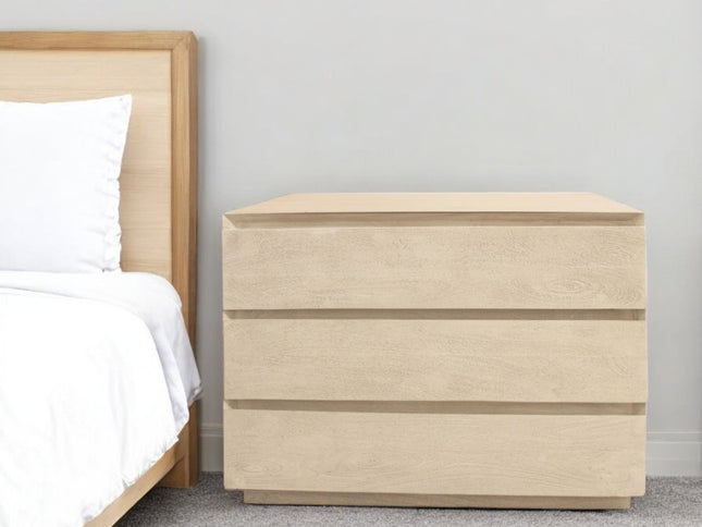 24" Natural Solid Wood Ribbed Texture Three Drawer Nightstand