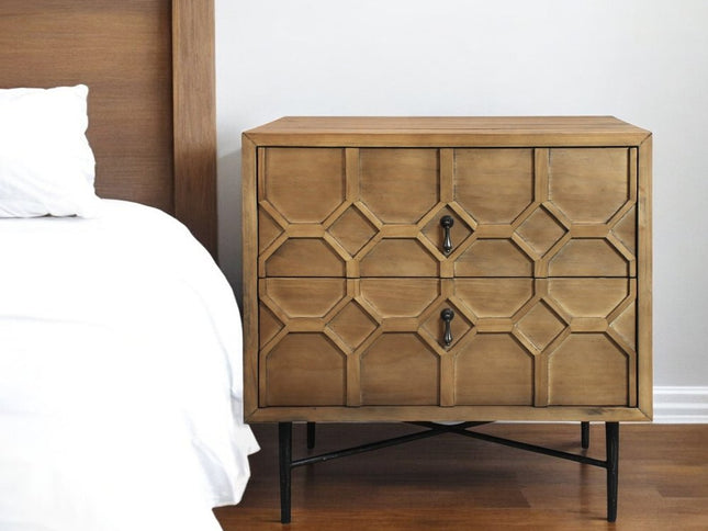 28" Natural Two Drawer Distressed Carved Geometric Solid Wood Nightstand
