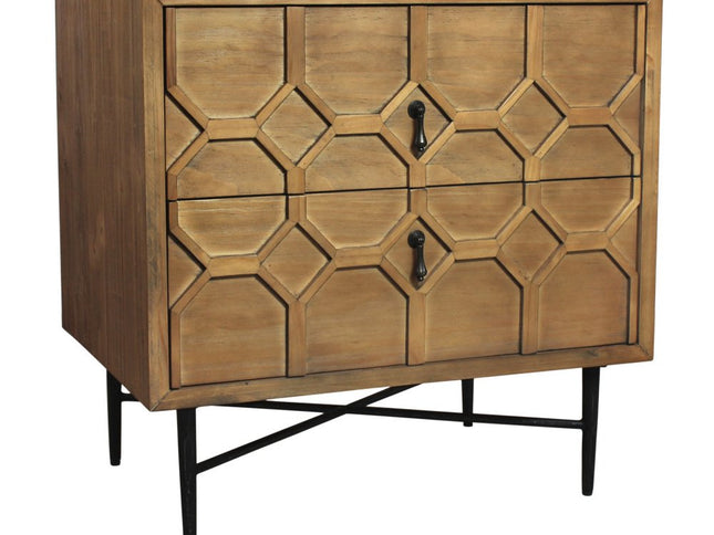 28" Natural Two Drawer Distressed Carved Geometric Solid Wood Nightstand