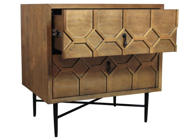 28" Natural Two Drawer Distressed Carved Geometric Solid Wood Nightstand