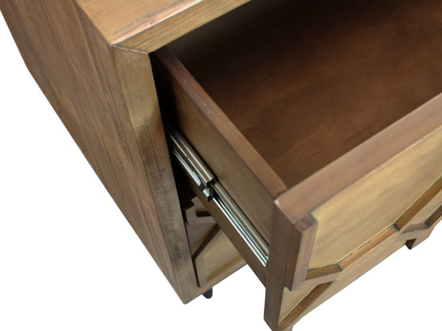 28" Natural Two Drawer Distressed Carved Geometric Solid Wood Nightstand