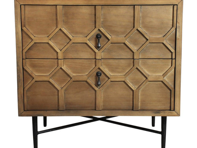 28" Natural Two Drawer Distressed Carved Geometric Solid Wood Nightstand
