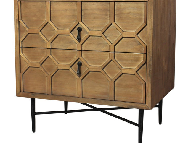 28" Natural Two Drawer Distressed Carved Geometric Solid Wood Nightstand