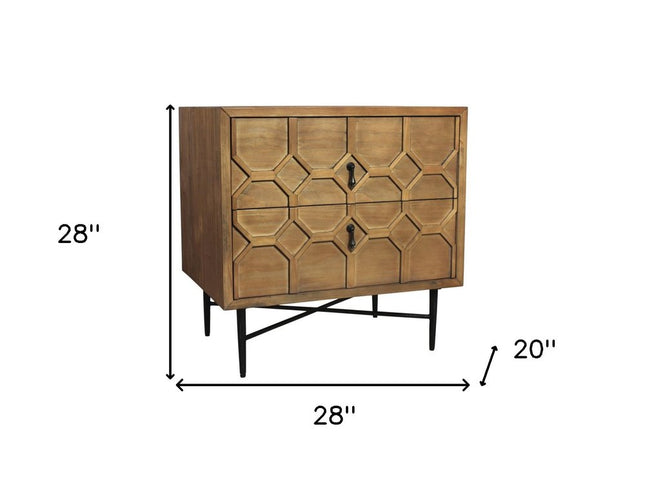 28" Natural Two Drawer Distressed Carved Geometric Solid Wood Nightstand