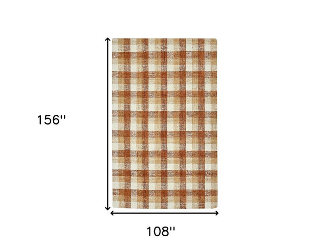 9' X 13' Orange Beige And Brick Red Wool Plaid Hand Tufted Area Rug