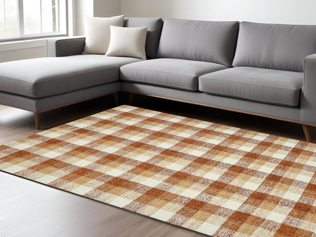 9' X 13' Orange Beige And Brick Red Wool Plaid Hand Tufted Area Rug