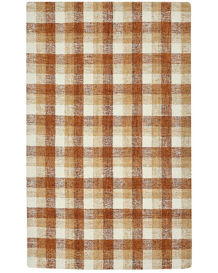 9' X 13' Orange Beige And Brick Red Wool Plaid Hand Tufted Area Rug