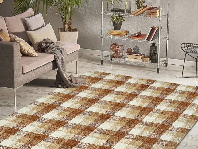 9' X 13' Orange Beige And Brick Red Wool Plaid Hand Tufted Area Rug