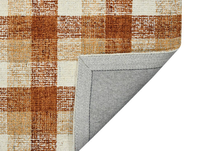 9' X 13' Orange Beige And Brick Red Wool Plaid Hand Tufted Area Rug