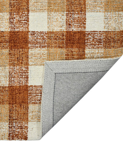 9' X 13' Orange Beige And Brick Red Wool Plaid Hand Tufted Area Rug