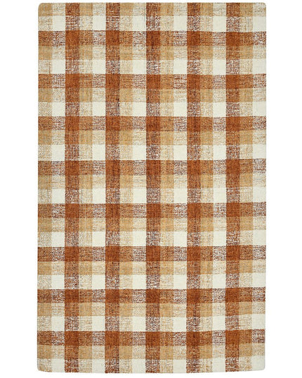 9' X 13' Orange Beige And Brick Red Wool Plaid Hand Tufted Area Rug