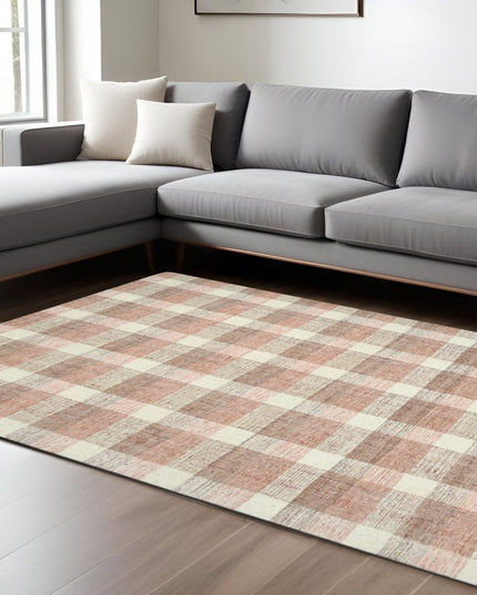 9' X 13' Pink And Ivory Wool Plaid Hand Tufted Area Rug