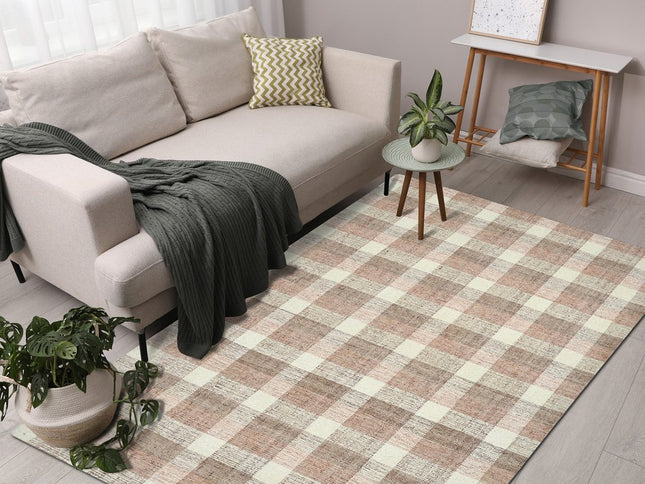 9' X 13' Pink And Ivory Wool Plaid Hand Tufted Area Rug