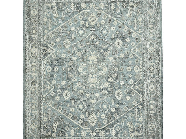 9' X 13' Sky Blue Gray And Ivory Wool Oriental Hand Tufted Area Rug